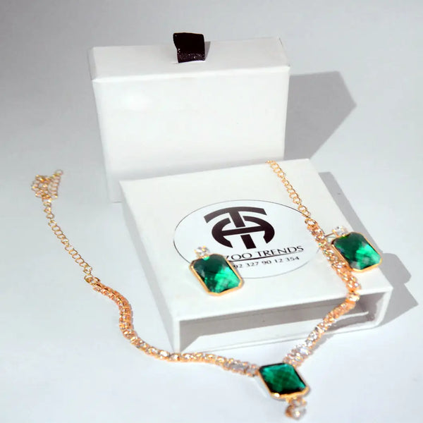 Emerald Green Gemstone Necklace & Ear Ring – Gold-Plated Elegant Crystal Jewelry for Women Adjustable