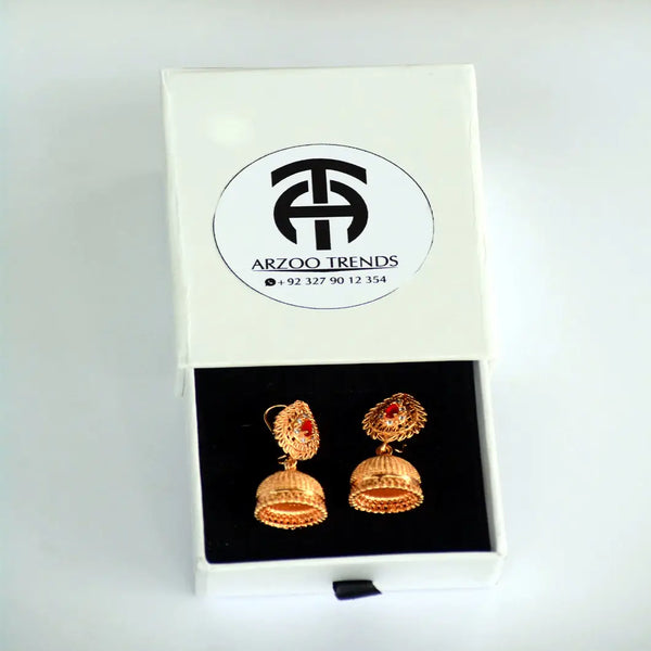 Traditional Gold Plated Jhumka Earrings with Red Stones – Ethnic Handcrafted Jewelry for Women